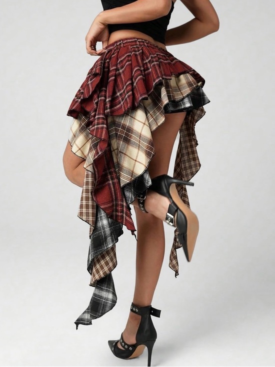 Dresses & Skirts - Asymmetric Plaid Layered Mini Skirt in Burgundy